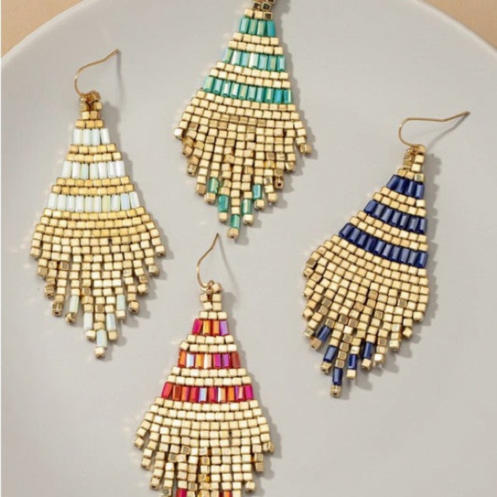 New Iridescent Navy Blue & Metallic Gold Beaded Fringe Earrings, Boho Style - Picture 5 of 14